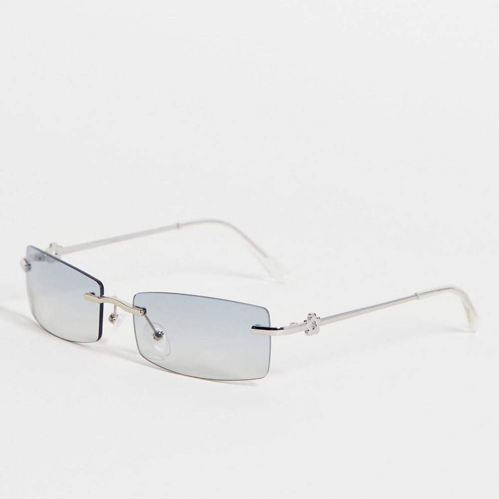 ASOS DESIGN rimless 90s sunglasses in smoke lens with 90s temple detail